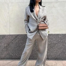 2024 Kasual Wanita Solid Longgar Blazer Set Elegan Wanita Kerah Renda Lengan Panjang Lebar Kaki Celana Setelan Kantor Wanita Komuter Pakaian