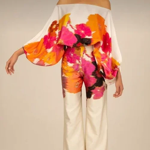 ʻO ka paʻi ʻana i ka Satin 2 ʻāpana Sets wahine maʻamau Lantern lima ma waho o ka poʻohiwi ma luna o ka laulā wāwae Pants Suit Chic Blouse Keʻena ʻAʻahu Wahine.