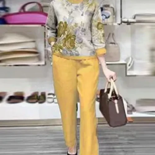 Moda zenanlary boş çap toplumy Aýal pagta zygyr matalar ýolagçy Elegant O-Boýnuň uzyn ýeňli köýnekleri we göni balak kostýumy