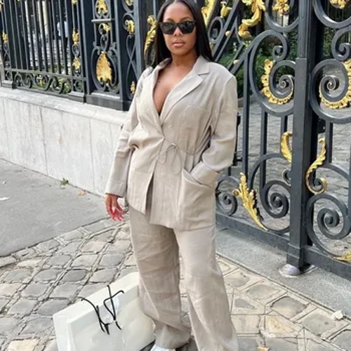 Thời Trang Ve Áo Phối Ren Áo Khoác Blazer Bộ Nữ Rời Chắc Chắn Cao Cấp Quần Ống Rộng Phù Hợp Với 2024 Mới Nữ đầm Dạo Phố