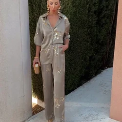 Elegan Payet Bordir Satin Celana Setelan Wanita Chic Solid Kerah Lengan Panjang 2 Buah Set 2024 Musim Semi High Street Pakaian Wanita