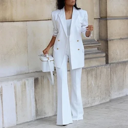 Ropa de mujer, traje informal de Color sólido, traje con pantalones de pierna ancha, traje de dos piezas, conjunto de 2 piezas para mujer 2023