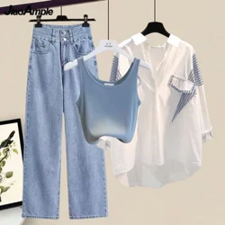 Mùa Xuân/Hè 2024 Mới Phù Hợp Bộ Nữ Sọc Áo Chống Nắng + Áo Vest + Quần Jean Ba ​​Mảnh Hàn Quốc thanh Lịch Denim Bộ Quần