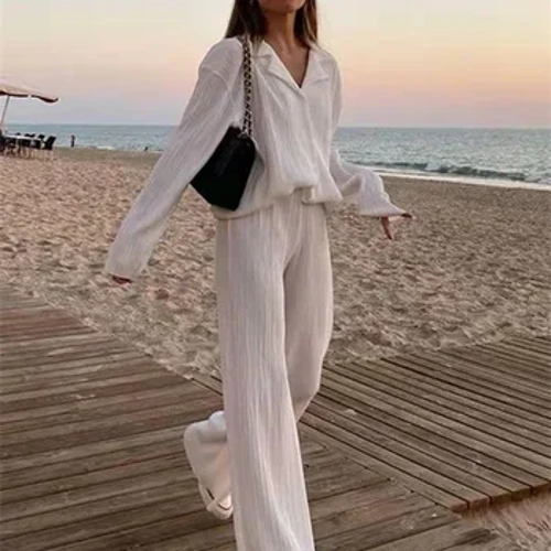 wsevypo Damen-Plissee-2-teiliges Hosen-Set, Frühlings-/Sommer-Streetwear, langärmliges Button-Down-Hemd + gerade geschnittene Hose, lockere Outfits