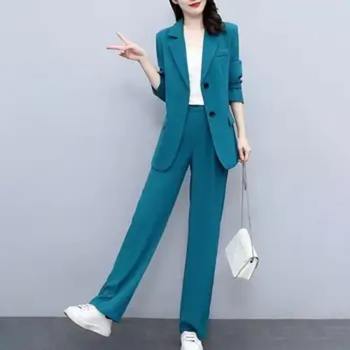 2 Pcs/Set Pants Côt Merched Siwt Ffurfiol Busnes Arddull Llewys Hir Syth Coes Eang Trowsus Siaced Gymudo Set Trowsus