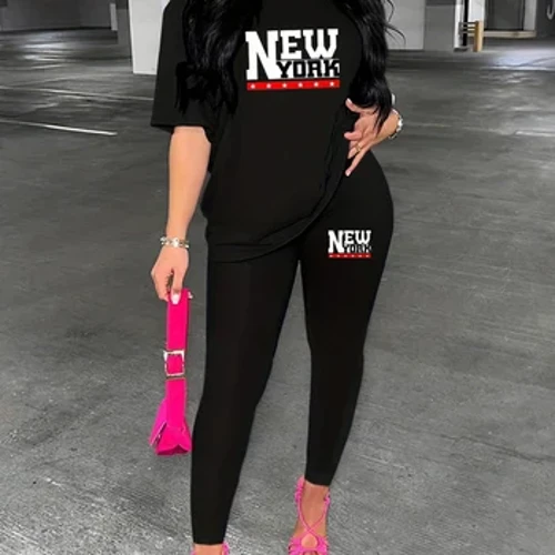 Efrog Newydd Merched printiedig gwddf crwn crys T llewys byr + pants tynn set dau ddarn