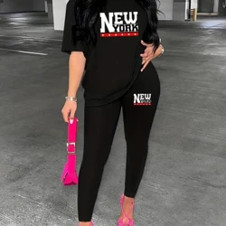 Efrog Newydd Merched printiedig gwddf crwn crys T llewys byr + pants tynn set dau ddarn