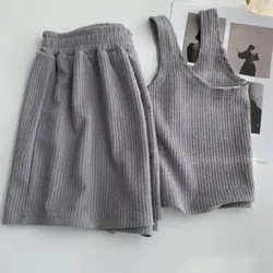 2 Pcs/set Wanita Rompi Celana Pendek Set U Leher Tanpa Lengan Warna Solid Longgar Lembut Pinggang Tinggi Elastis Tank Top Set Musim Panas Kasual Crop Top
