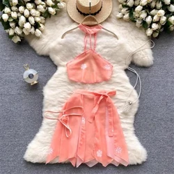 Zarif Kadın Çin Tarzı Moda Ins Egzotik 3 Parça Şeffaf Şifon Pijama Setleri Vintage Çiçek Baskı Hanfu Etek Takım Elbise