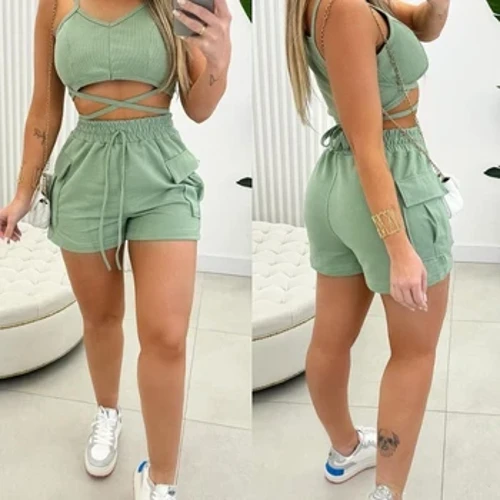 Set de pantaloni scurți sexy, elegant, încrucișat și cu șnur, design de buzunar, noua modă 2024, ocazional de vară, set de două piese pentru femei.