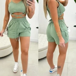 Sexy Galánta Criss Cross Shorts Dearadh Póca Barr & Drawstring Dearadh Póca Faisean Nua 2024 mBan Ócáideach Samhraidh Leagann Dhá Phíosa outfit