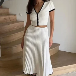 Tricotat Patchwork Seturi 2 piese Crop Top Femei Fuste lungi in linie A Tinute Seturi asortate Tricoturi Slim Fit Fusta plisata Tricoturi