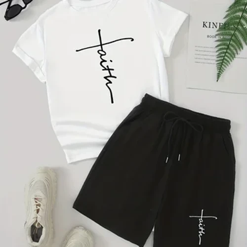 Chwaraeon haf merched a siwtiau hamdden 2024 newydd pur polyester crys-T + siorts argraffu set dau ddarn