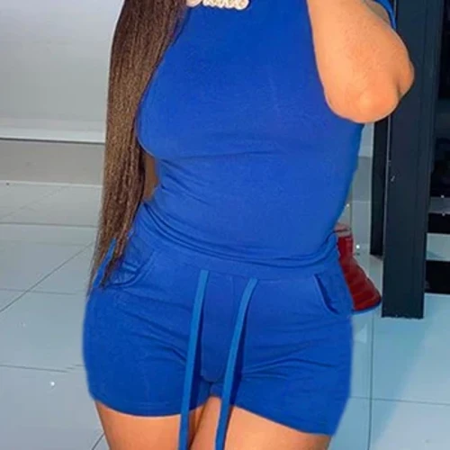 Umbala Oqinile Wasehlobo Wesudi Ye-Retro Evamile Isikibha Sabesifazane Semikhono emifushane Yaphezulu&High Waist Drawstring Shorts Isethi yezingcezu ezimbili