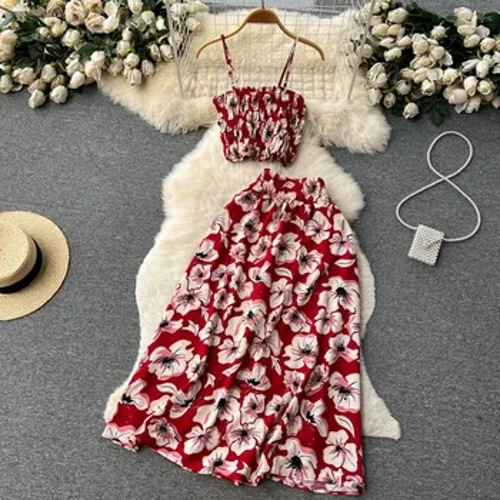2024 Holiday Blumendruck Zwee Stéck Suits Zipper Design Slim Tank Top + A Line Long Rock Vintage Bohemian Beach Sets