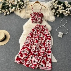 2024 Tatil Çiçek Baskı İki Adet Fermuar Tasarım İnce Tank Top + A Hattı Uzun Etek Vintage Bohem Plaj Setleri Takım Elbise