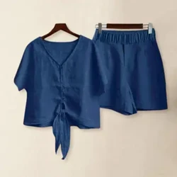 Shorts Top Cnwd Haf Set Shorts Crys Gwddf V Merched Set Gyda Chwlwm Manylion Lace Gwisg Haf Ar gyfer Merched Merched Sy'n Anadlu