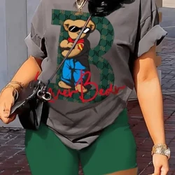 LW Karikatür Ayı Mektup Baskı şort takımı T-shirt Ve Kısa Iki Parçalı Takım Elbise Yaz Rahat Moda Kadınlar Için Eşleştirme
