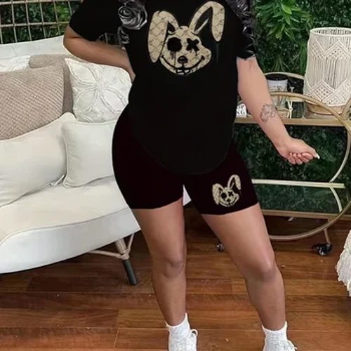 Fraen däischter Kanéngchen Drécken Zwee Stéck Set Short Sleeve
