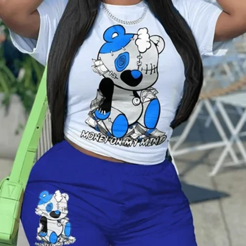 LW Vícebarevné dvoudílné šortky Kostýmy Bear Letter Print Kraťasy Set s krátkým rukávem Pulovr Bílý top a odpovídající spodky Outfity
