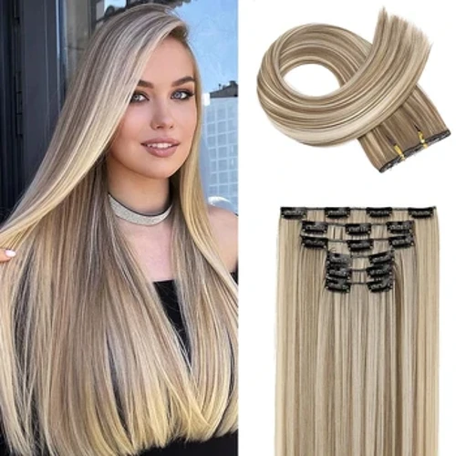 Itim na Mga Extension ng Buhok 24"/60cm 140g 6pcs/set Babae Mahabang Tuwid na Synthetic Buong Ulo Clip 16 Clip Ombre Heat Resistant Fiber