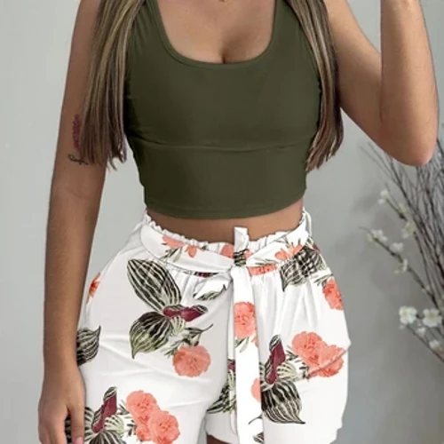 Seksi Elegan Wanita Set Dua Potong Pakaian Crop U-Neck Tank Top & Tropis Print Celana Pendek Set Fashion Baru 2024 Musim Panas Kasual