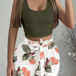 I-Sexy Elegant Womens Isethi Izingcezu Ezimbili Ingubo Yengubo Nqampuna I-U-Neck Tank Top & Tropical Print Shorts Setha Imfashini Entsha Yango-2024 Yasehlobo Engavamile