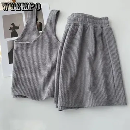 WTEMPO Set Pencocokan Wanita Klasik Tanpa Lengan Kasual Musim Panas Atasan dan Celana Pendek Set untuk Wanita Pakaian Latihan Yg Hangat Dua Potong Setelan Olahraga Wanita