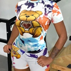 LW Tie Dye Teddy Bear Print Shortssetti Naisten 2024 Kesä 2PC Sarjakuvaprintti Lyhythihainen Pyöreäpääntie rento kaksiosainen asu