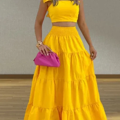 Ensemble deux pièces pour femmes, couleur unie, Sexy, bretelles, grande jupe trapèze, manches courtes, col carré, haut, tenues d'été