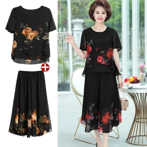 Plus Gréisst Moud Mamm Summer Chiffon Print Top Rock Hosen Kostüm Kuerzmouwen Mëttelalter an eeler Fraen Zwee-Stéck Sets