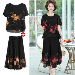 Plus Kích Thước Thời Trang Mẹ Mùa Hè Voan In Top Váy Quần Phù Hợp Với Tay Ngắn Phụ Nữ Trung Niên Và Người Cao Tuổi 2 Bộ