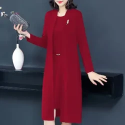 Costume de printemps et d'automne pour femmes, élégant, dames d'âge moyen, ouvert devant, Long Cardigan, col rond, sans manches, Kit de robe