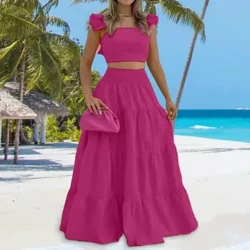 Sexy solide deux costumes robe femmes mode décontracté haut ample robe Maxi 2 pièces ensemble femme élégant vacances haut et jupe ensembles 2024