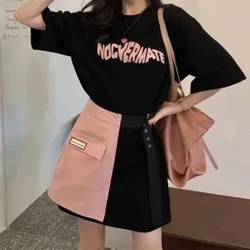 Ensemble 2 pièces pour femmes, mode coréenne, T-shirts à manches courtes + Mini jupes Patchwork, costumes amples, tenues chics pour dames, été 2024