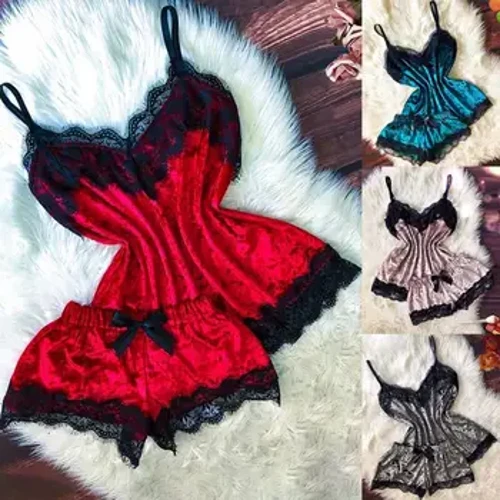1 conjunto 2 pçs rendas pijamas feminino vestido de praia lingeries noite curta sem mangas senhoras camisola de cetim através de la sleepwear