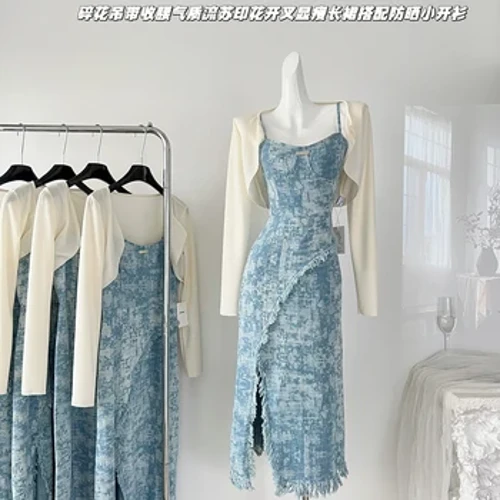 Fransk Vintage Klänning Set Dam Sommar Gentle Style Klänning Casual Cardigan Suspender Klänning i två delar