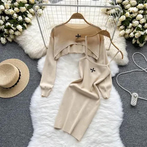 YuooMuoo jesenné dámske šaty Móda Y2K pletené minišaty so špagetovými ramienkami + triko s celým rukávom Streetwear dvojdielne obleky