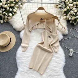YuooMuoo Thu Đông Nữ Bộ Thời Trang Y2K Dệt Kim Spaghetti Dây Mini + Full Tay Crop Top Dạo Phố Bộ Đồ Hai Mảnh