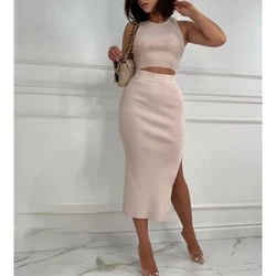 Musim Panas Wanita Solid Slim Fit Split Set Dua Potong Fashion Rompi Tank Top dan Rok Set Gaun Setelan Streetwear