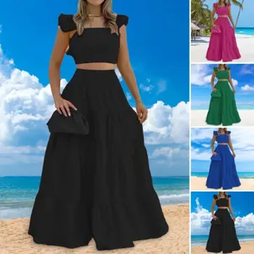 Sexy solide deux costumes robe femmes mode décontracté haut ample Maxi robe 2 pièces ensemble femme élégant vacances haut et jupe ensembles 2024