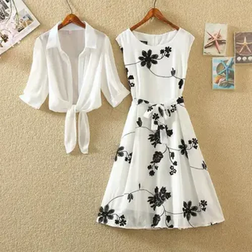 A-line Dress Dress Flower Print Dress Suit Set dengan Tanpa Lengan A-line See-through Cardigan Coat untuk Wanita Lady Cardigan Set