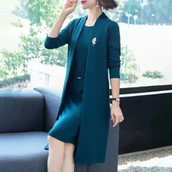 Musim Semi Musim Gugur Wanita Jas Mantel Warna Solid Setelan Formal Wanita Setengah Umur Terbuka Depan Kardigan Panjang O Leher Tanpa Lengan Kit Gaun
