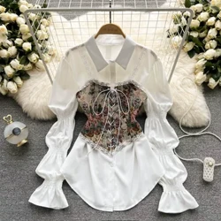 Vintage Bộ Nữ 2 Cái Cổ Gập Màu Trơn Áo Sơ Mi Tay Dài Đầm Phù Hợp + In Hoa Dây Rút Ôm áo Vest Trang Phục