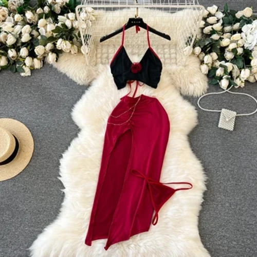 Hoa Hồng Cosplay Váy Gợi Cảm Bộ Đồ Ngủ Nữ Thư Ký Đồng Nhất Halter Top Eo Dây Xích Lọt Khe Cao Cấp Váy Quần Lót 4 Miếng Bộ