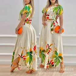 Atasan Kemeja & Rok Celah Set Gaun Set Wanita Tropis Cetak Rok Panjang Crop Top Maxi Set Dua Sepotong Kerja Musim Panas Top Matching Set