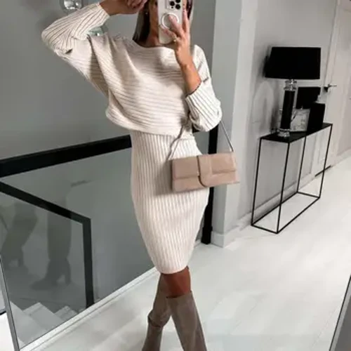 Set de rochii midi de culoare solidă pentru femei Set de top de rochie cu dungi tricotate pentru femei cu decolteu în V Rochie de teacă fără mâneci Top cu mânecă lungă largi