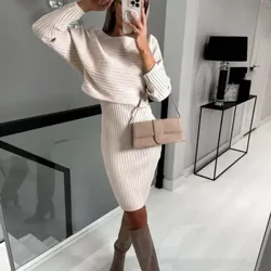 Abito midi da donna in tinta unita Set top da donna in maglia a righe con scollo a V senza maniche Tubino a maniche lunghe Top ampio
