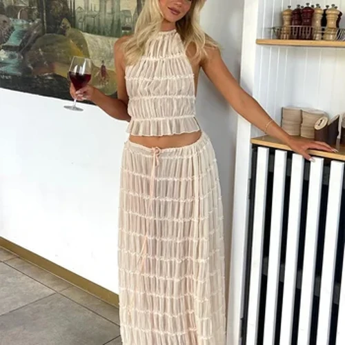 Moda sólida pendurar pescoço saia longa terno feminino sem costas estilingue topo rendas até dobrar maxi saias 2024 primavera verão feminino 2 peça conjunto