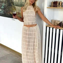Moda Solid Hang Neck Gonna lunga Abito da donna Backless Sling Top Lace Up Fold Maxi Gonne 2024 Primavera Estate femminile Set da 2 pezzi